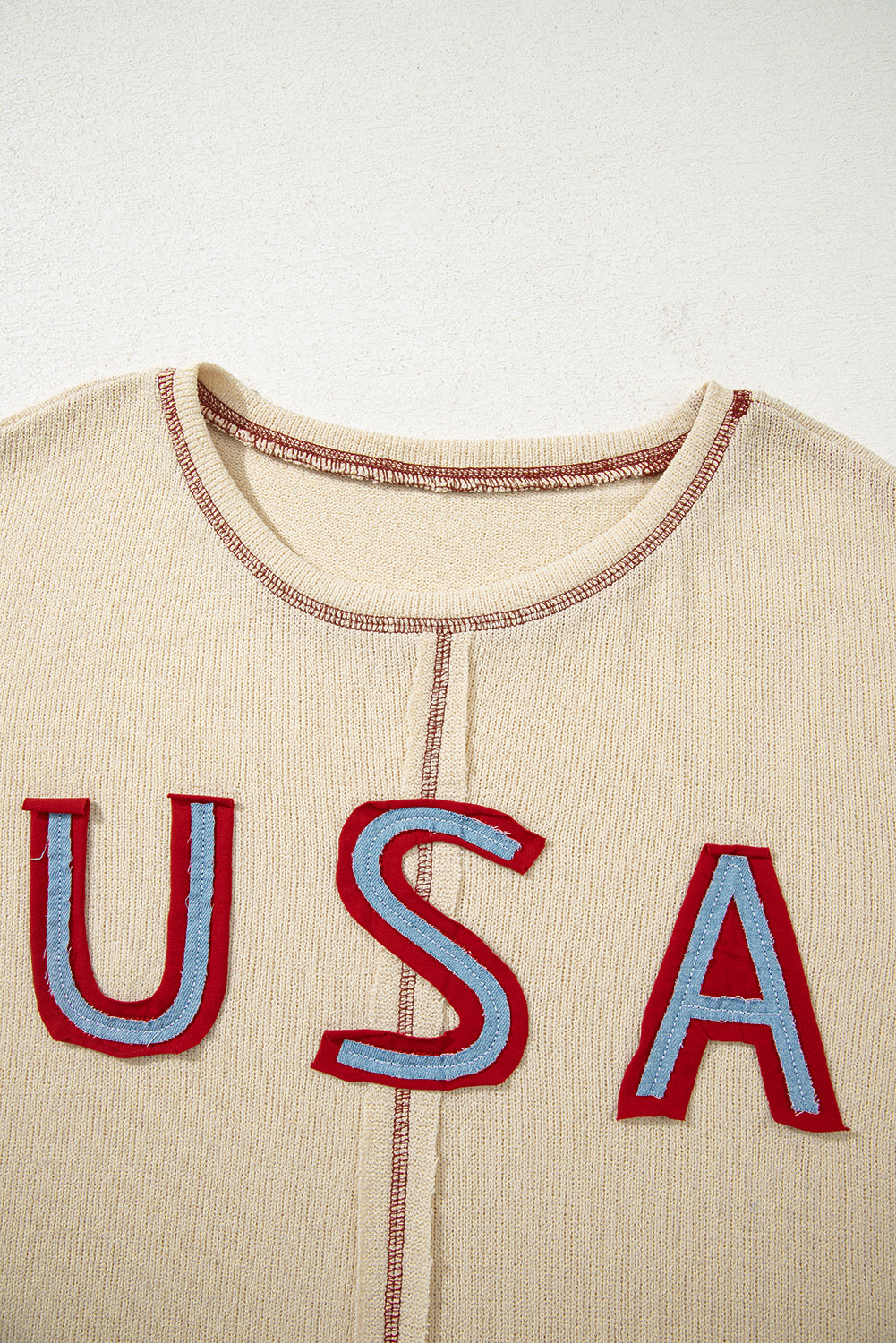 Beige USA Star Patchwork Exposed Seam Long Sleeve Top