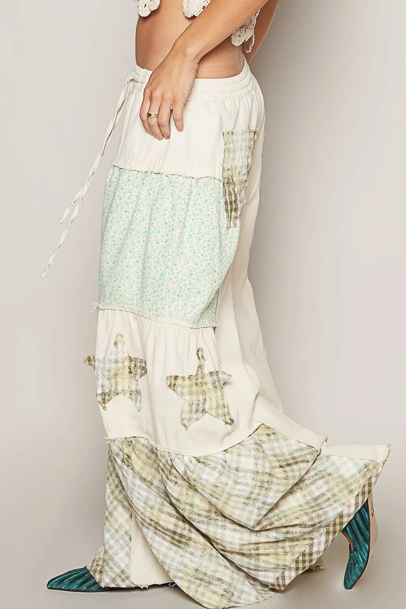 Drawstring Star Patch Contrast Wide Leg Pants