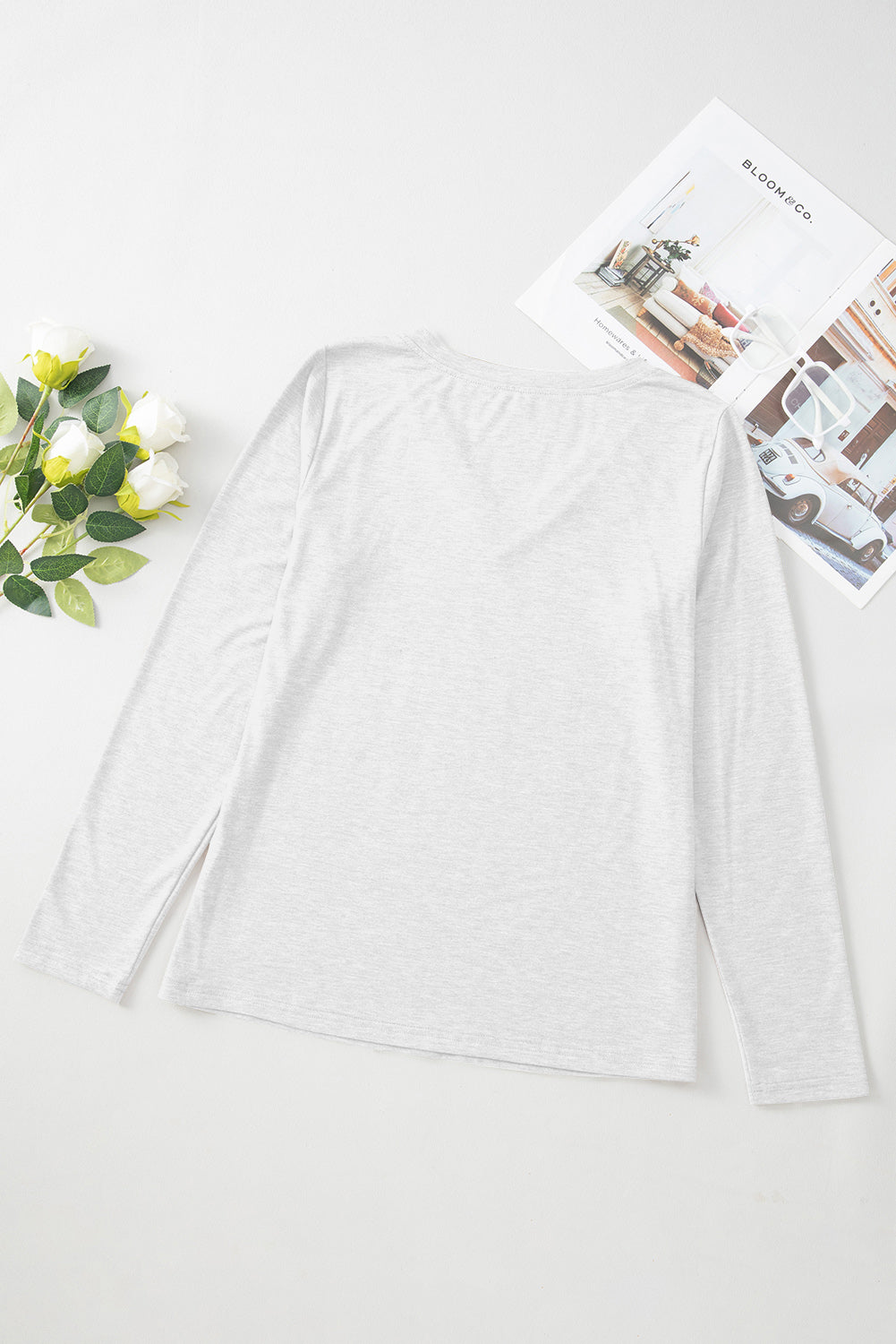 White Plain V Neck Long Sleeve Top
