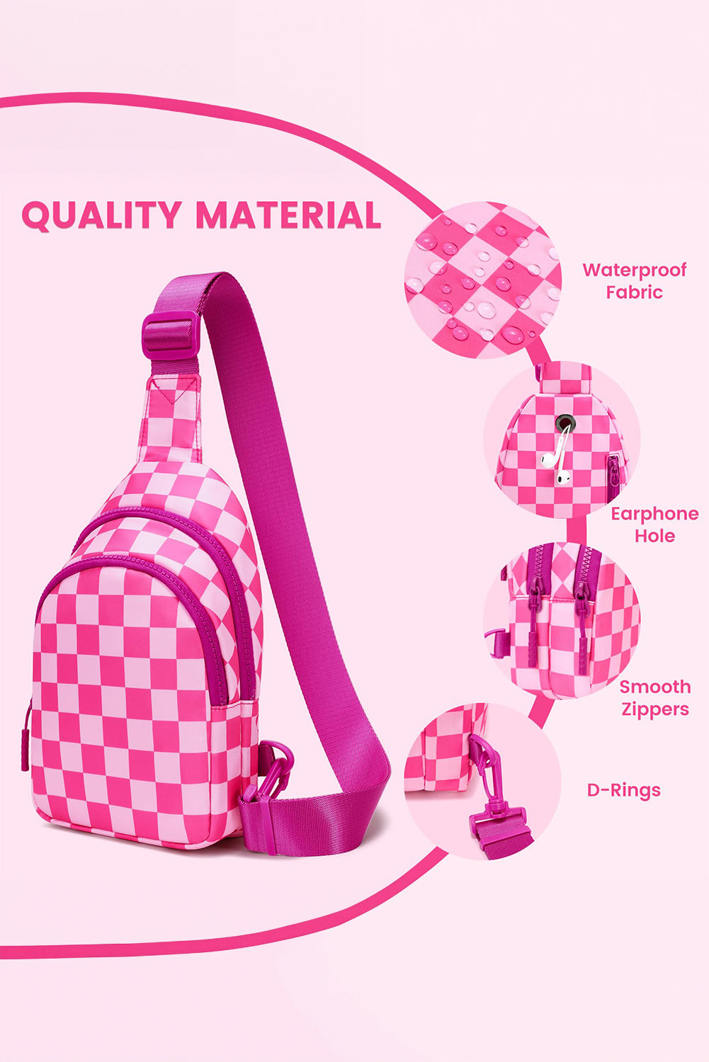 Rose Red Checkered Print Zip Front Crossbody Bag