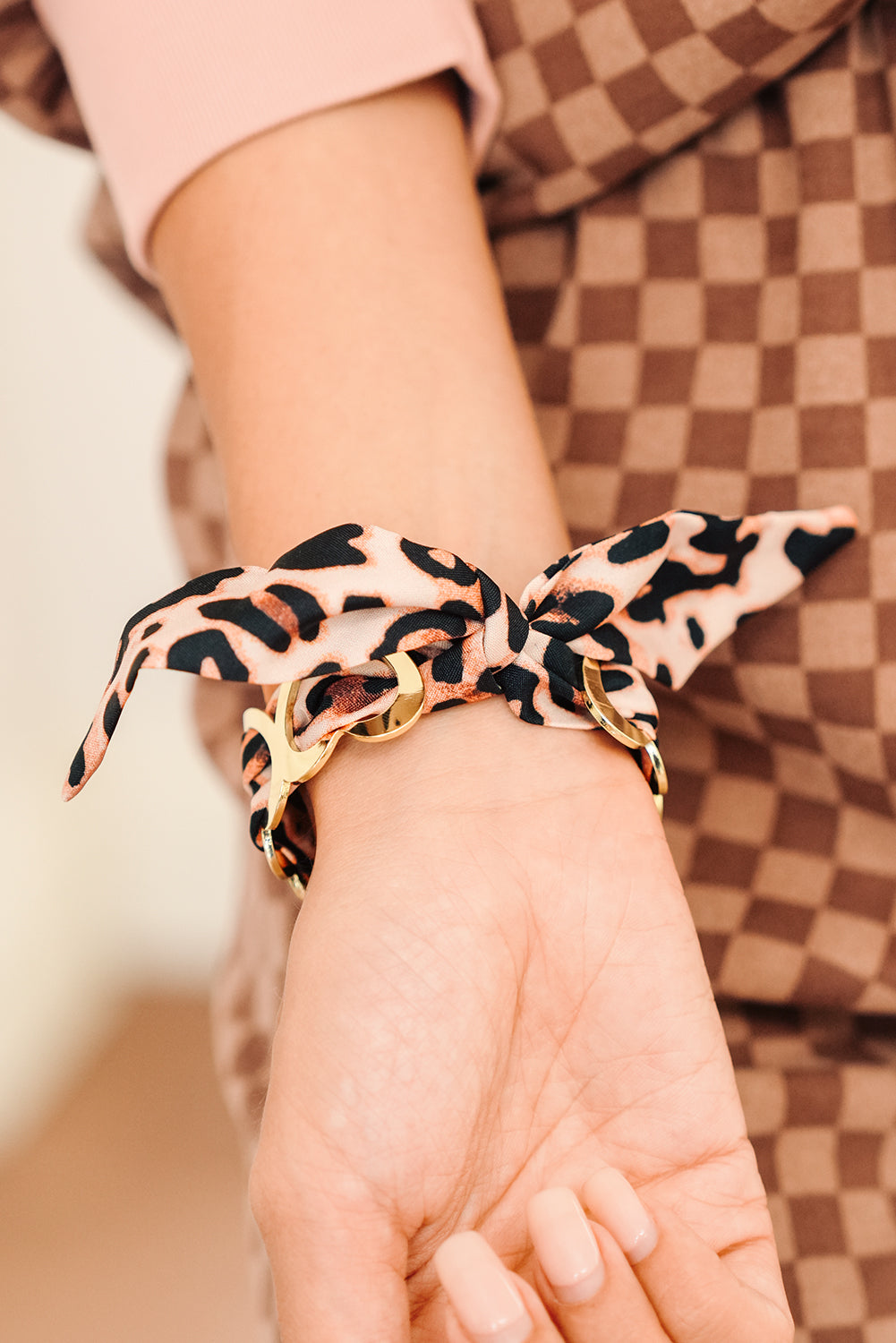 Camel Hollow Out Heart Leopard Print Ribbon Bracelet