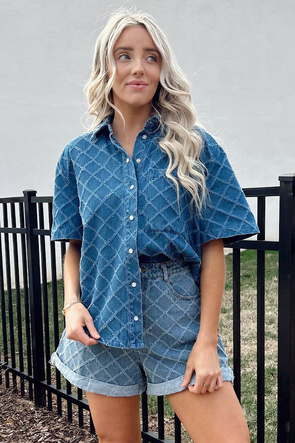 Dusk Blue Checkered Textured Short Sleeve Pocket Denim Shirt