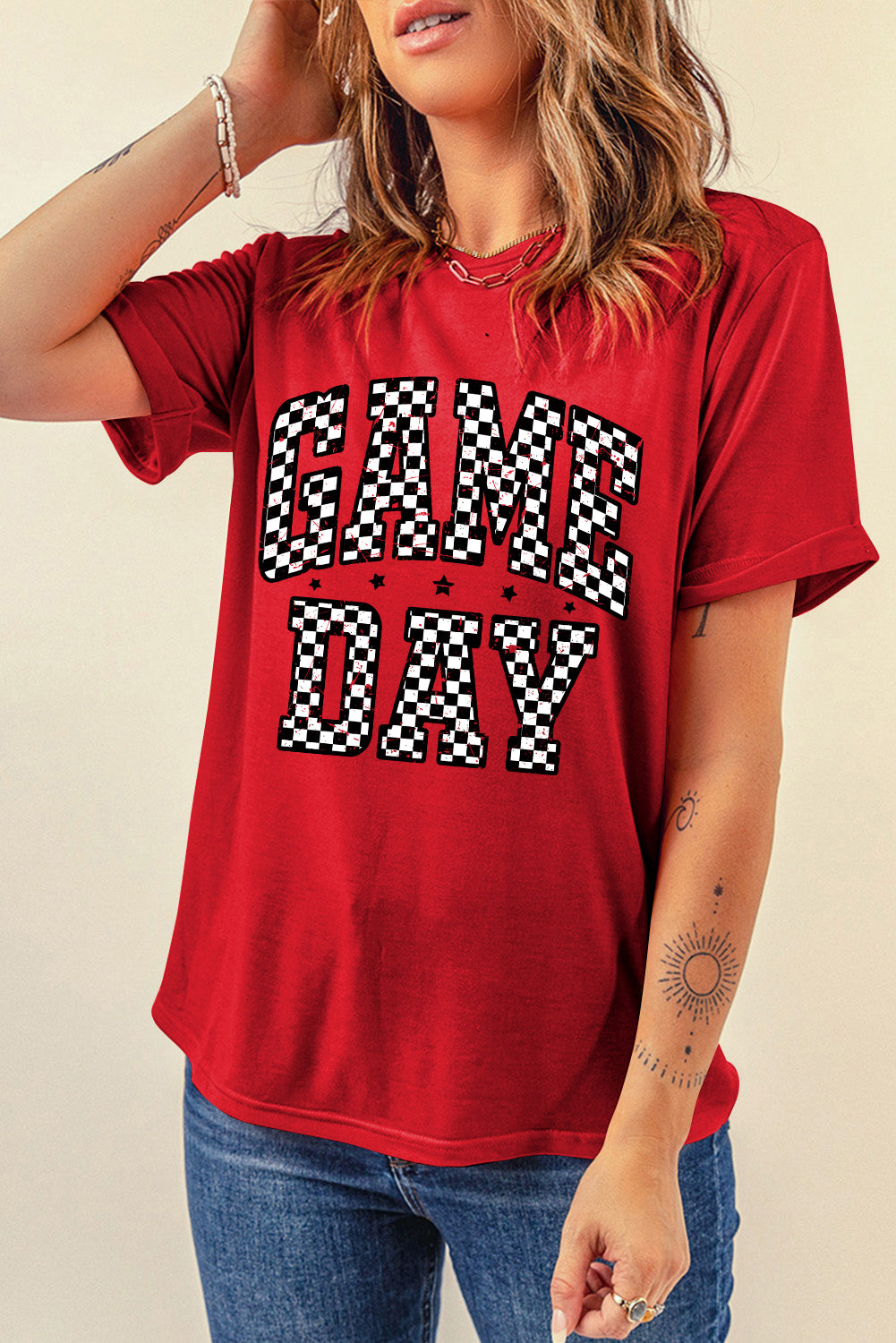 Red Checkered Game Day Graphic T Shirt