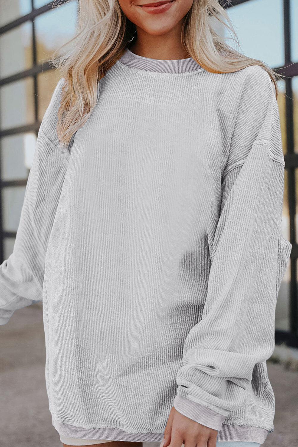 Light Grey Drop Shoulder Rib Knit Oversized Sweatshirt