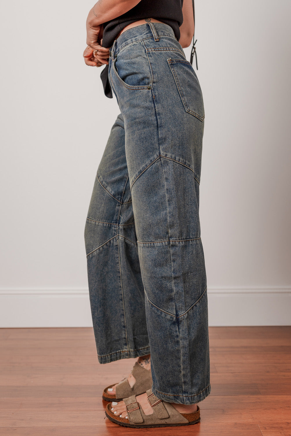Sail Blue Criss Cross Straight Leg High Waist Jeans