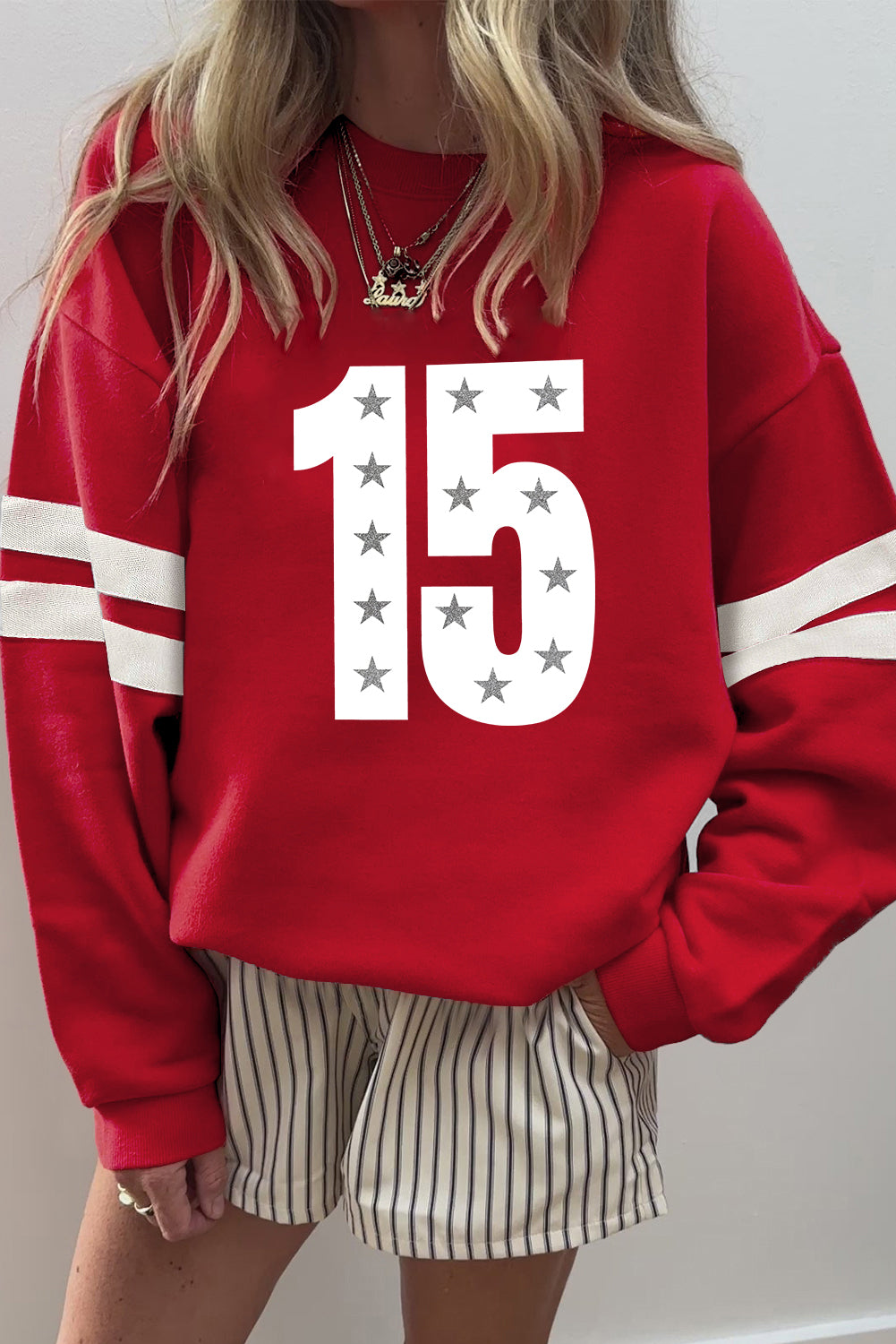 Fiery Red Starry Number 15 Printed Oversize Varsity Sweatshirt