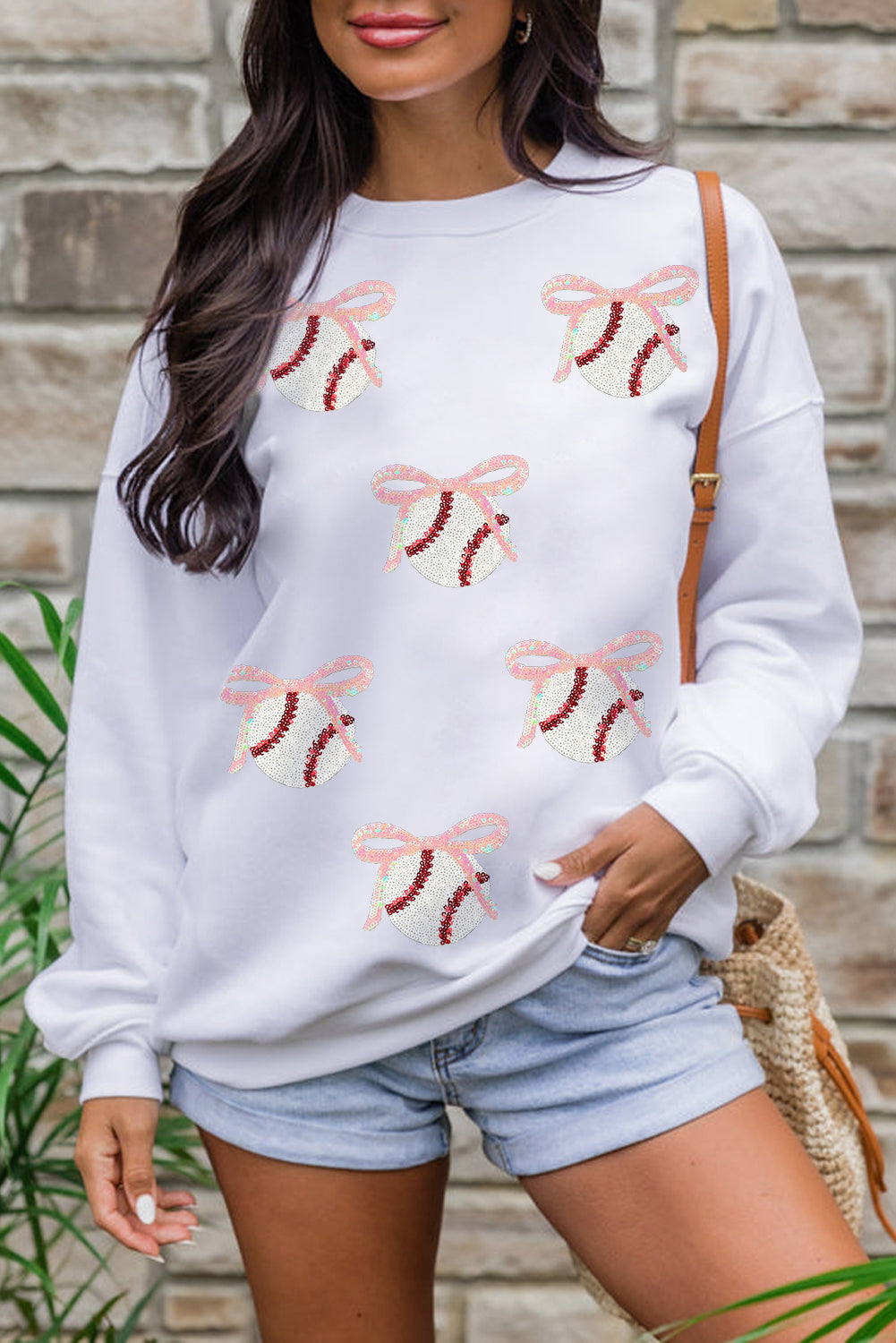 White Sequin Bow Baseball Patched Casual Sweatshirt