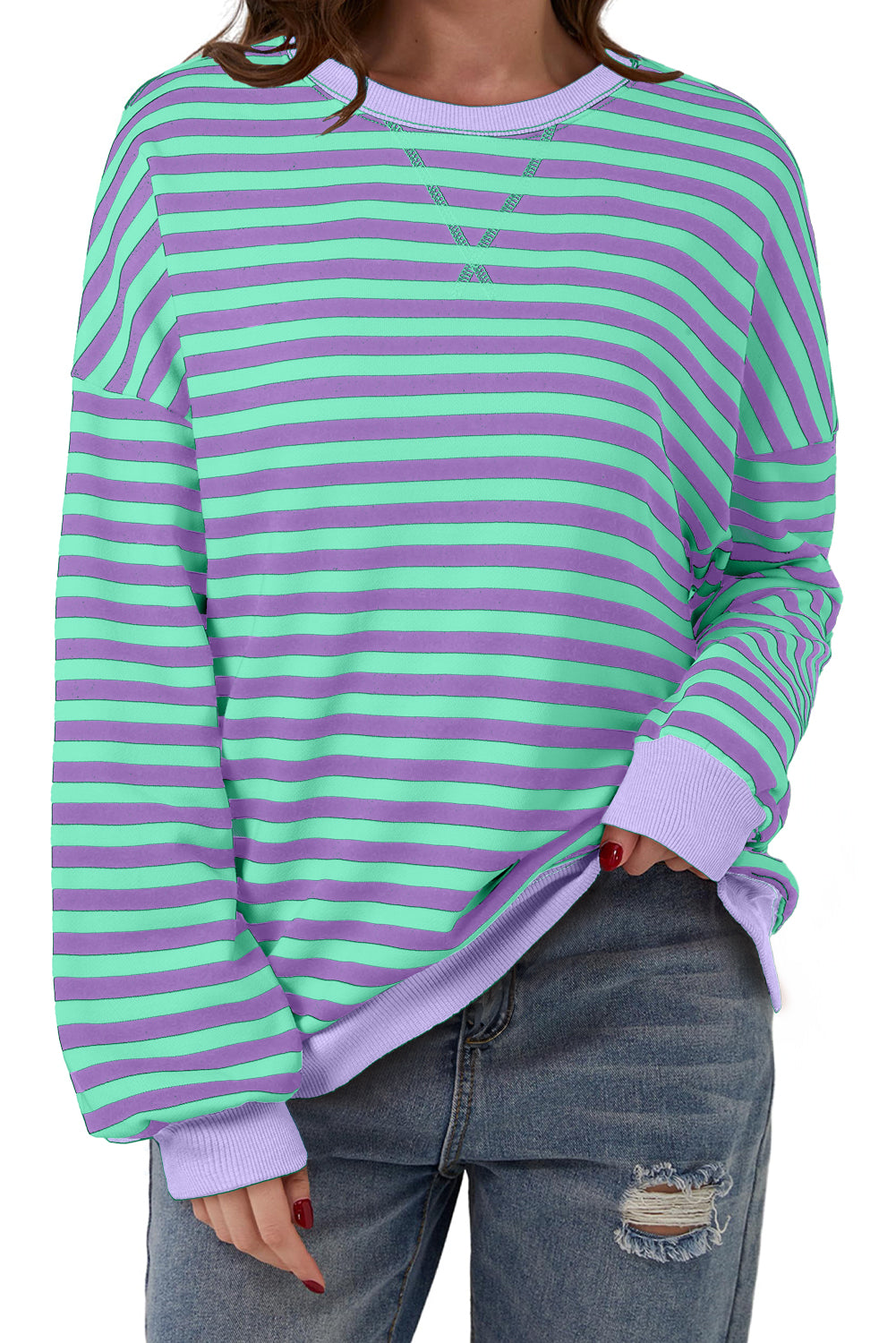 Blue Striped Contrast Trim Drop Shoulder Sweatshirt