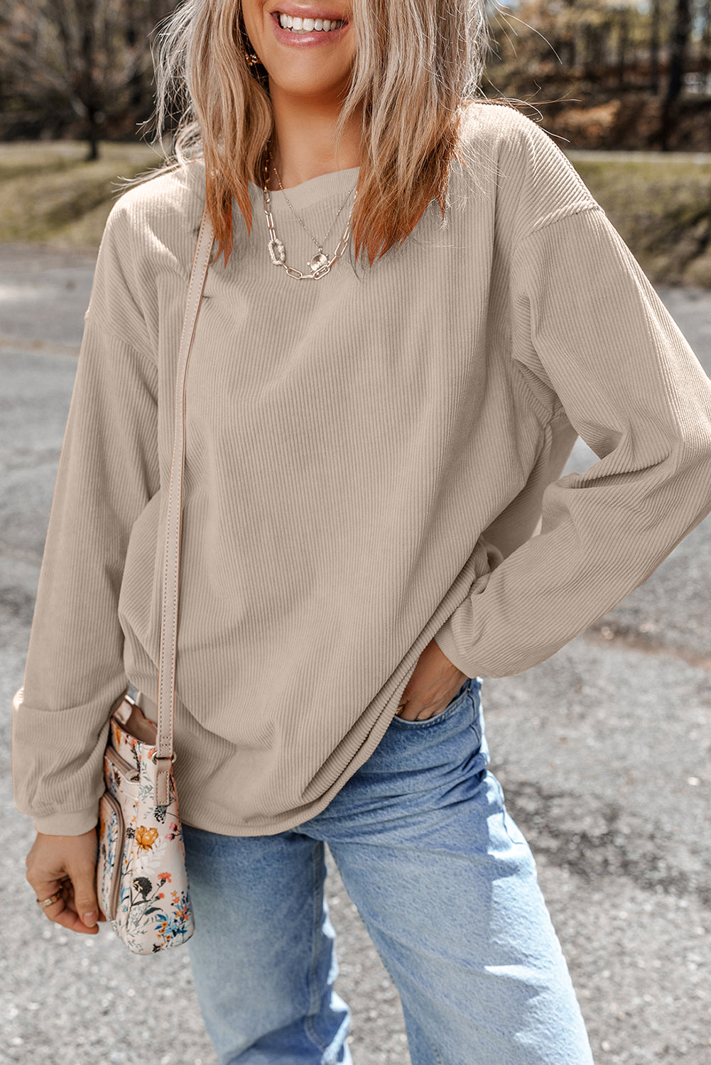 Smoke Gray Plain Drop Sleeve Crinkle Rib Oversized Sweatshirt