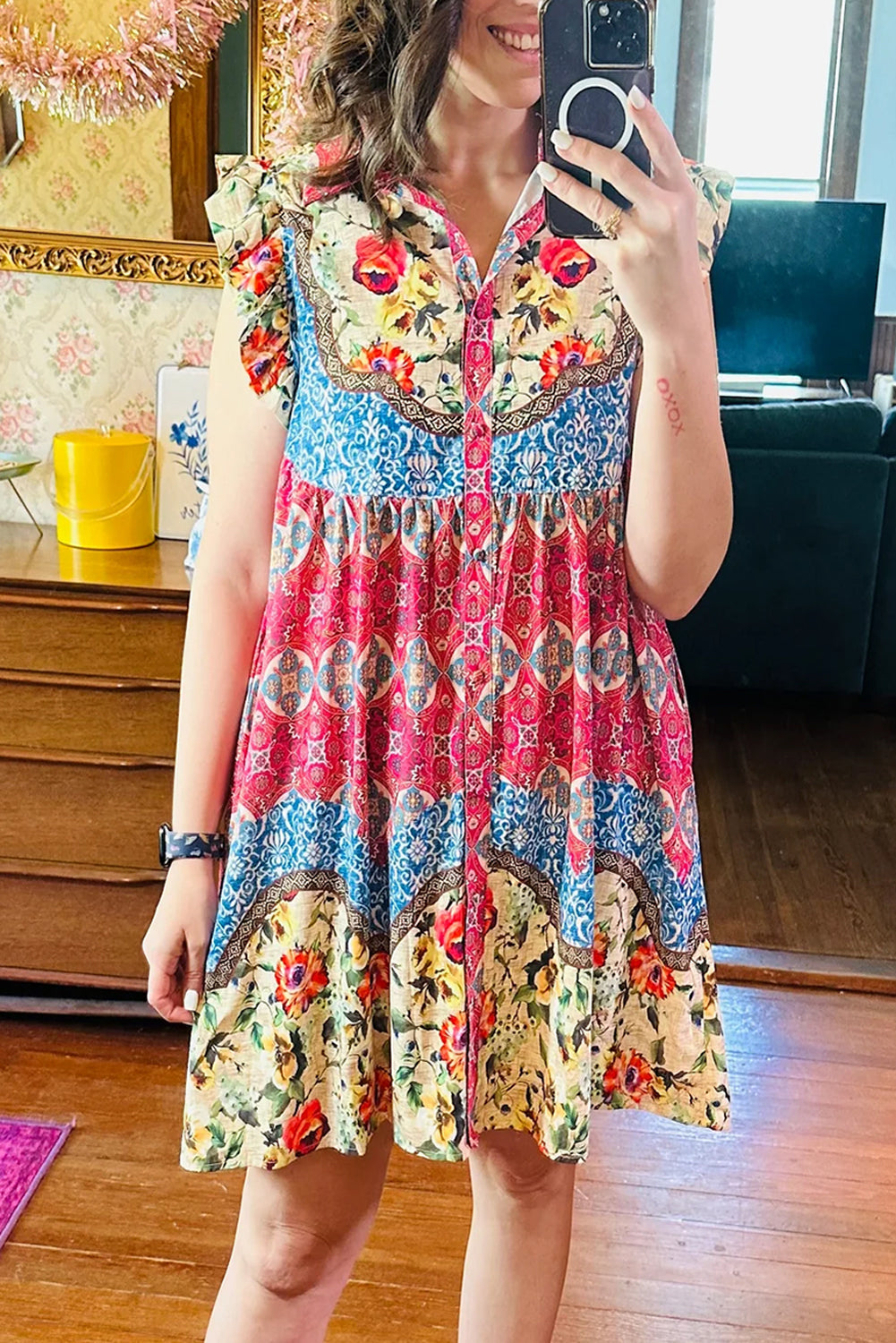 Dior Floral Mixed Pattern Buttoned Dress-1