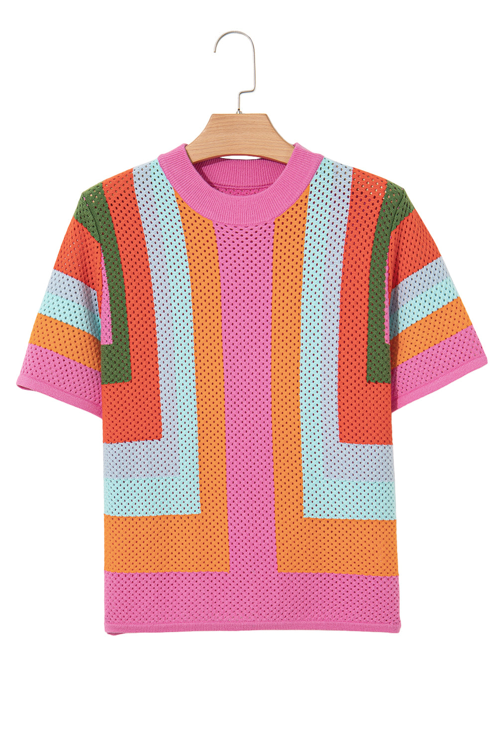 Orange Colorblock Eyelet Casual Knit T Shirt