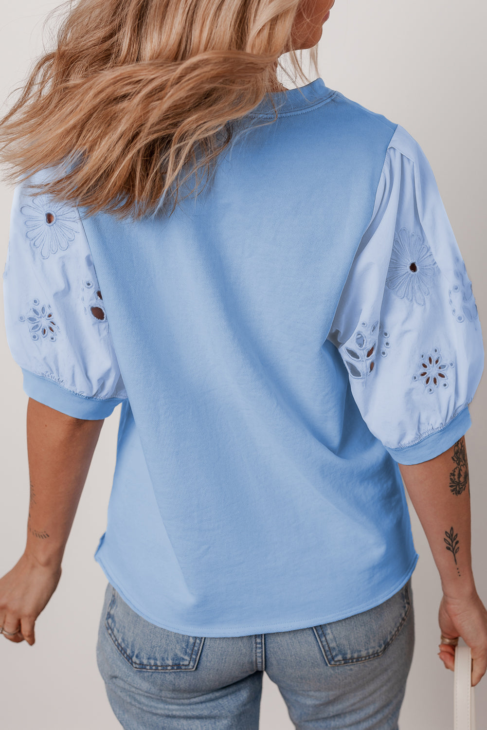 Beau Blue Eyelet Flower Embroidered Crew Neck Blouse
