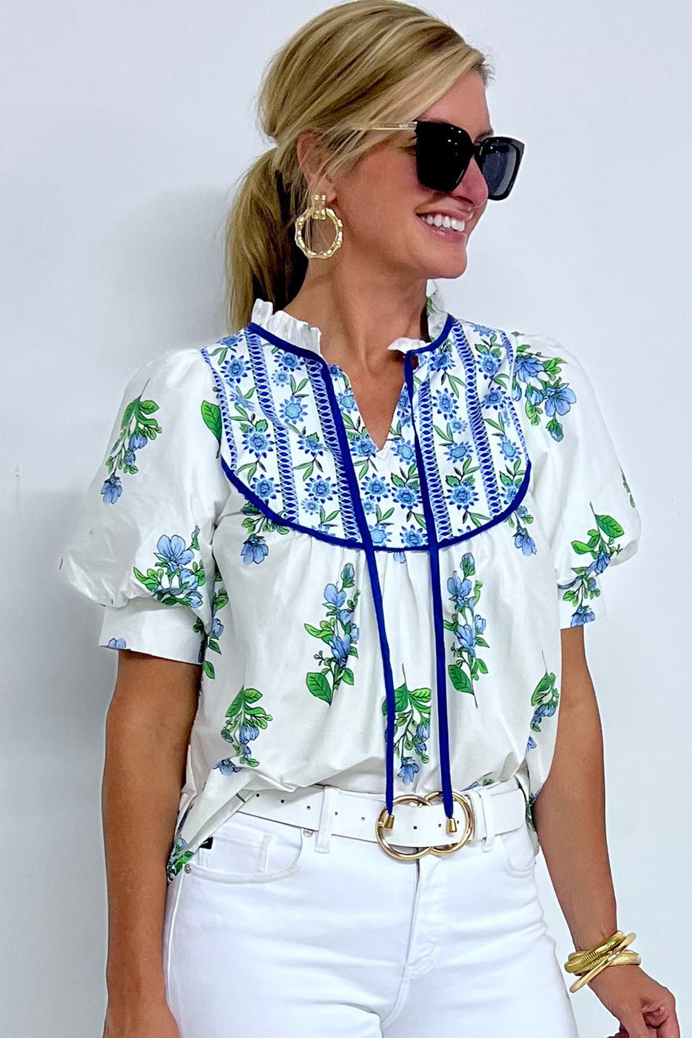 Beige Floral Print Piping Trim Tie Neck Puff Sleeve Blouse