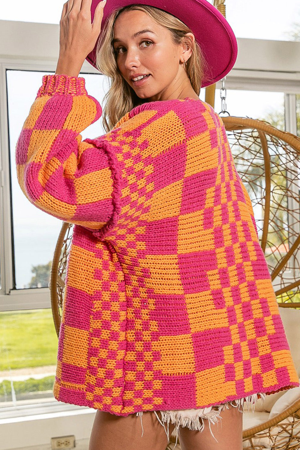 Multicolor Plaid Open Front Knitted Cardigan