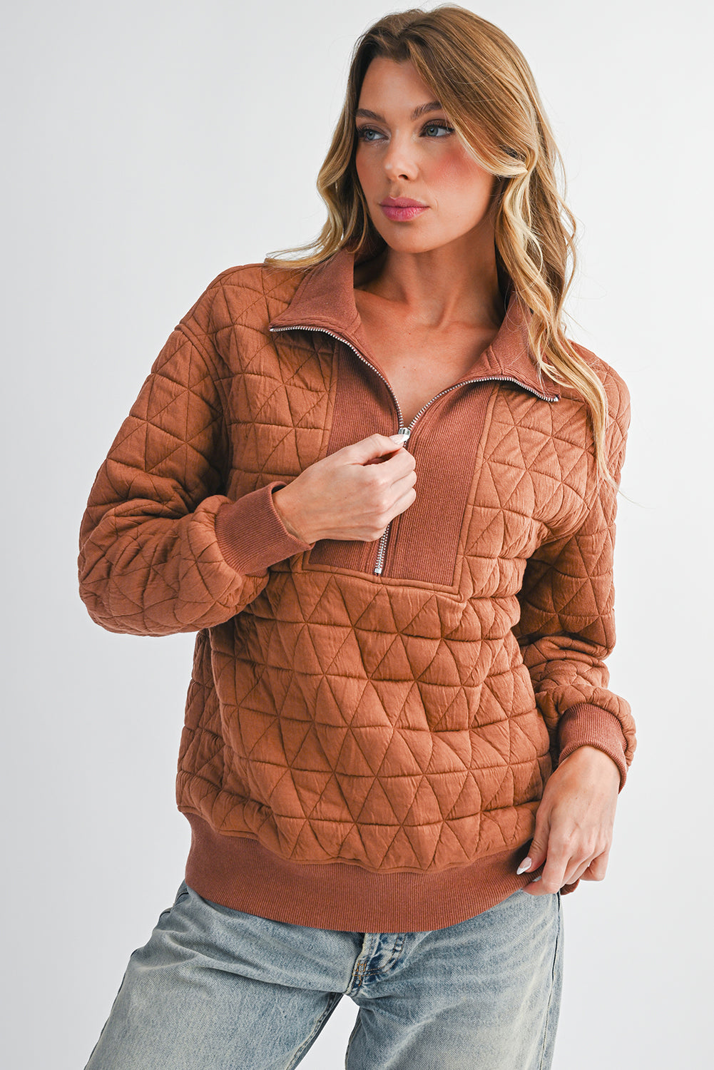 Straw Yellow Textured Zipper Neck Long Sleeve Pullover Sweatshirt