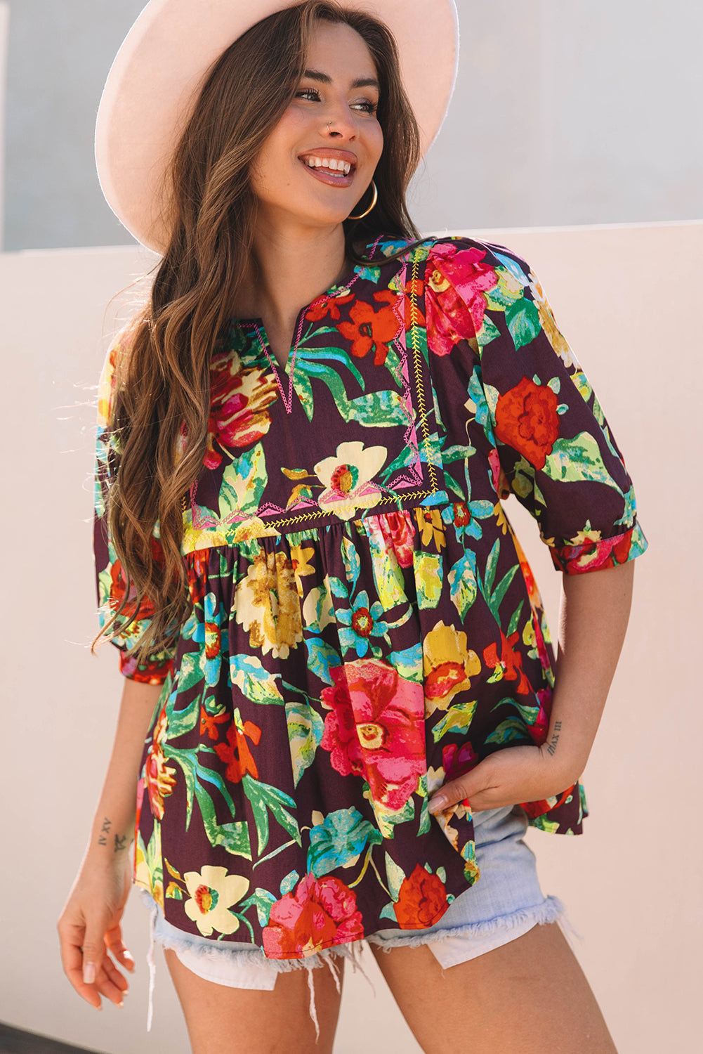 Adhara Flower Embroidered Trim Half Sleeve Blouse-3