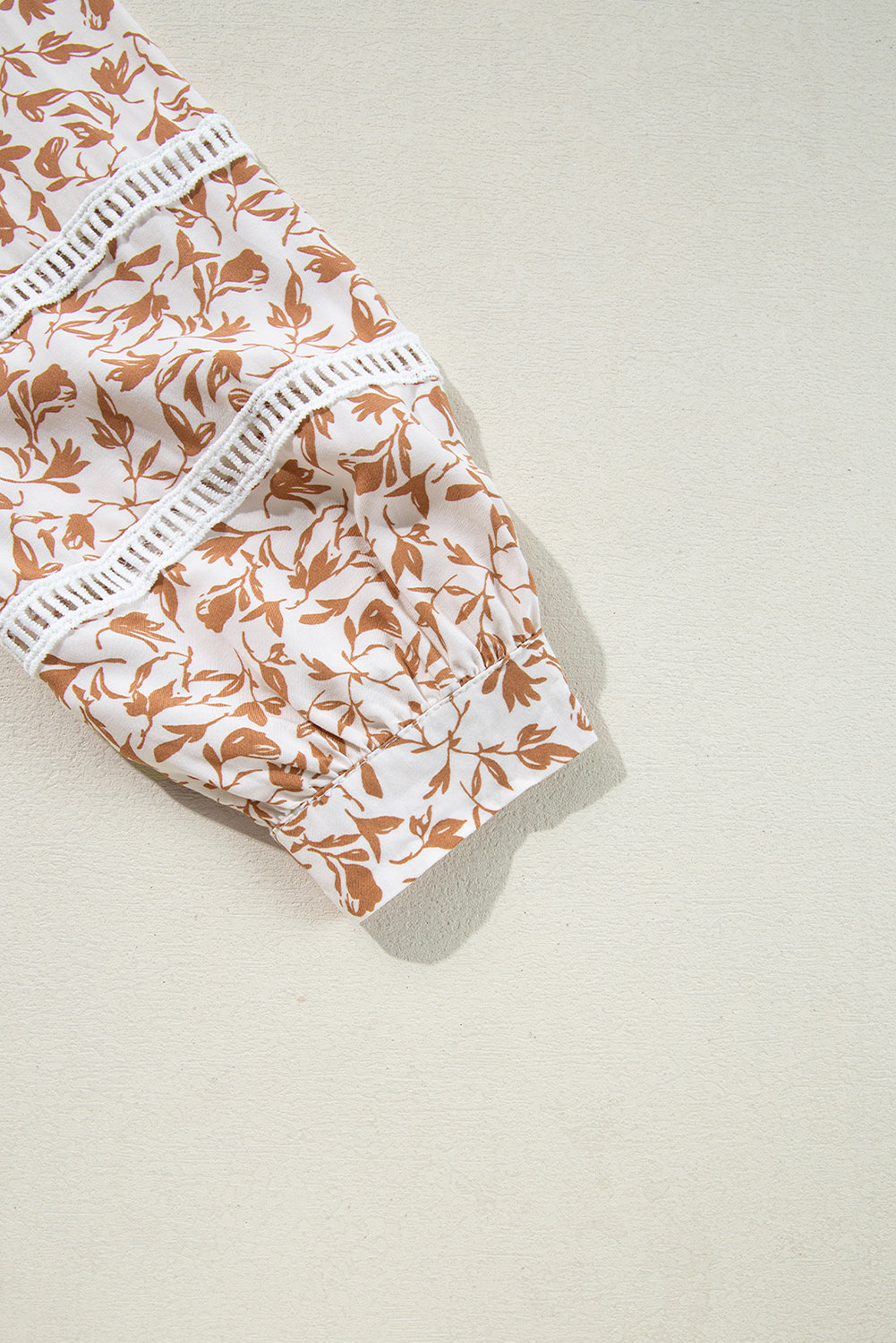 Khaki Printed Floral Print Lace Detail Puff Sleeve Shirt