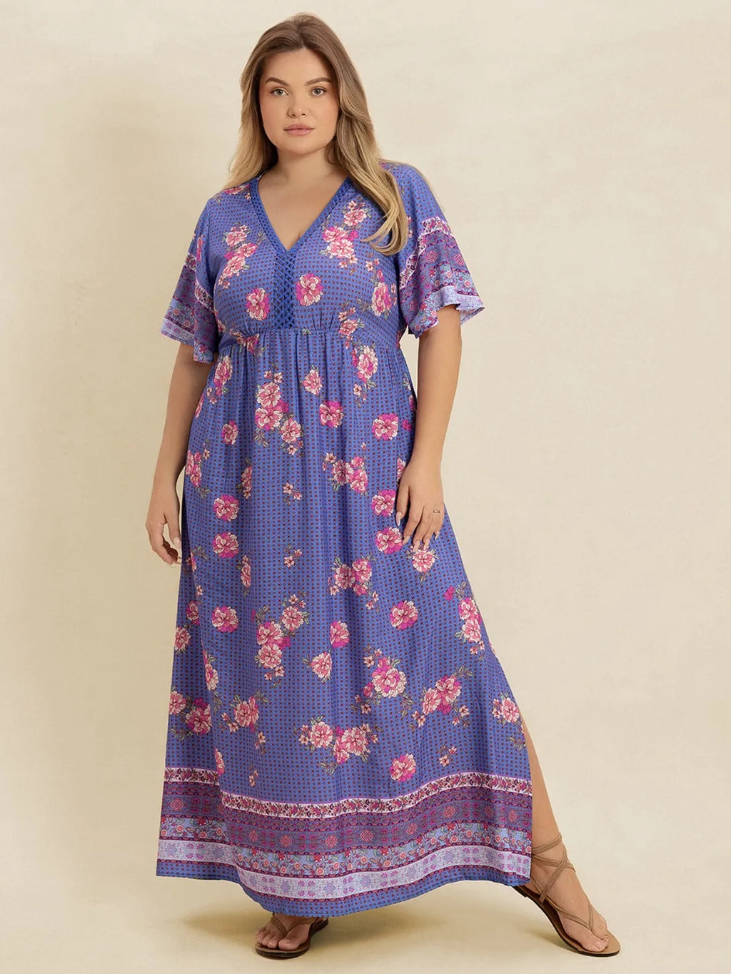 Plus Size Printed V-Neck Flutter Sleeve Dress