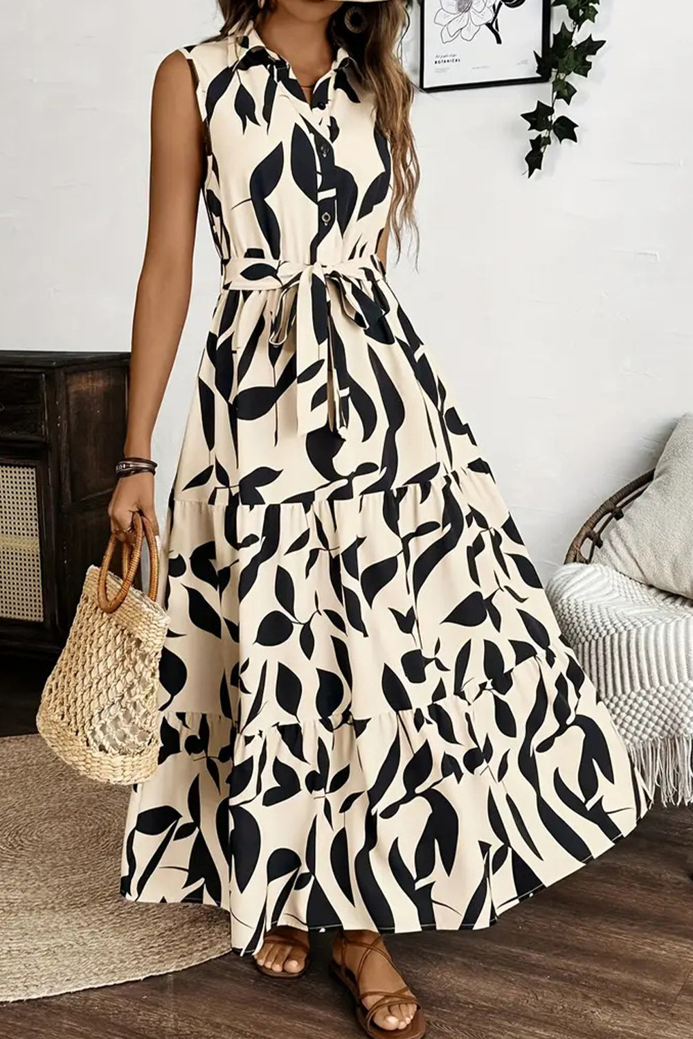 Apricot Abstract Print Knot Waist Collar Sleeveless Maxi Dress
