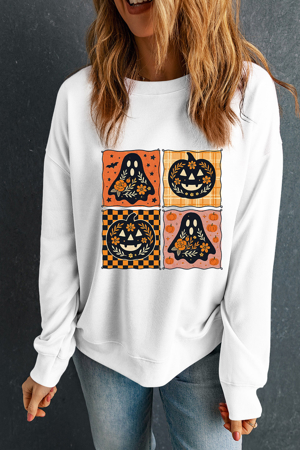 White Halloween Ghost Pumpkin Face Floral Checkered Graphic Sweatshirt