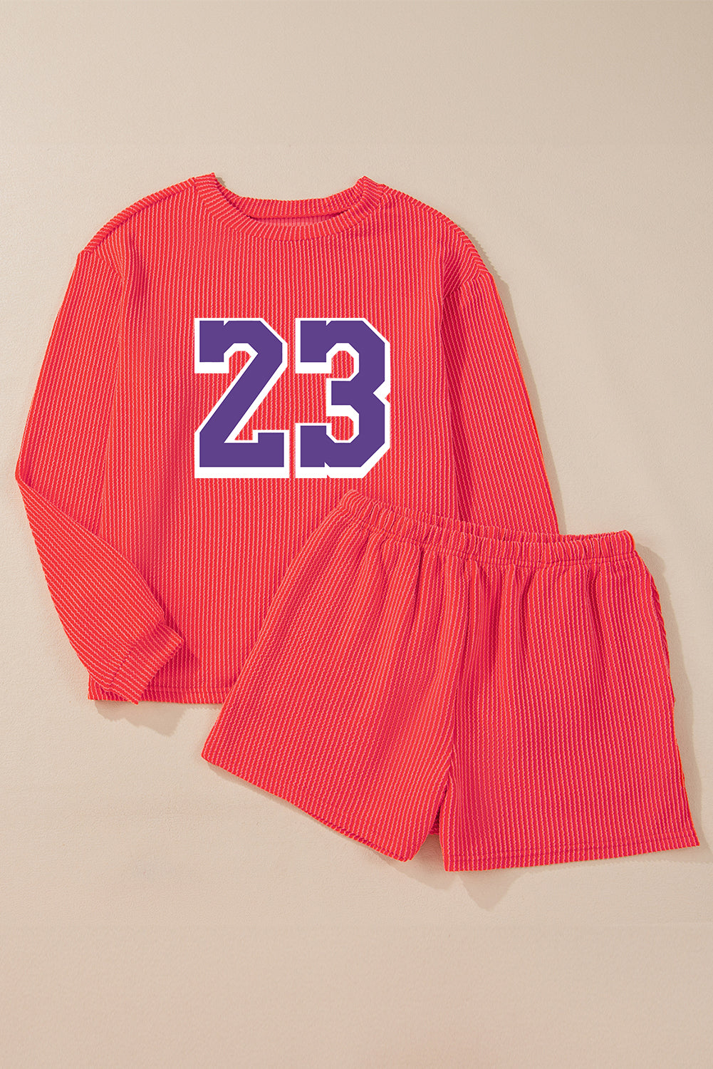 Gold Flame Twisted Rib Texture Number 23 Printed Long Sleeve Shorts Set