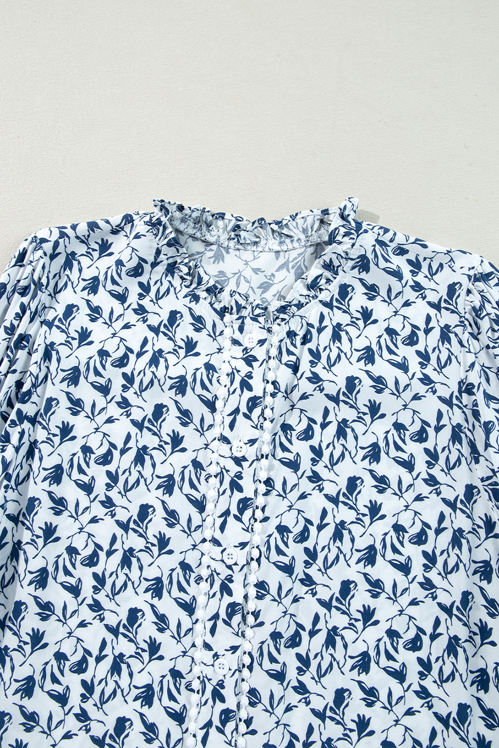 Blue Floral Print Lace Detail Puff Sleeve Shirt