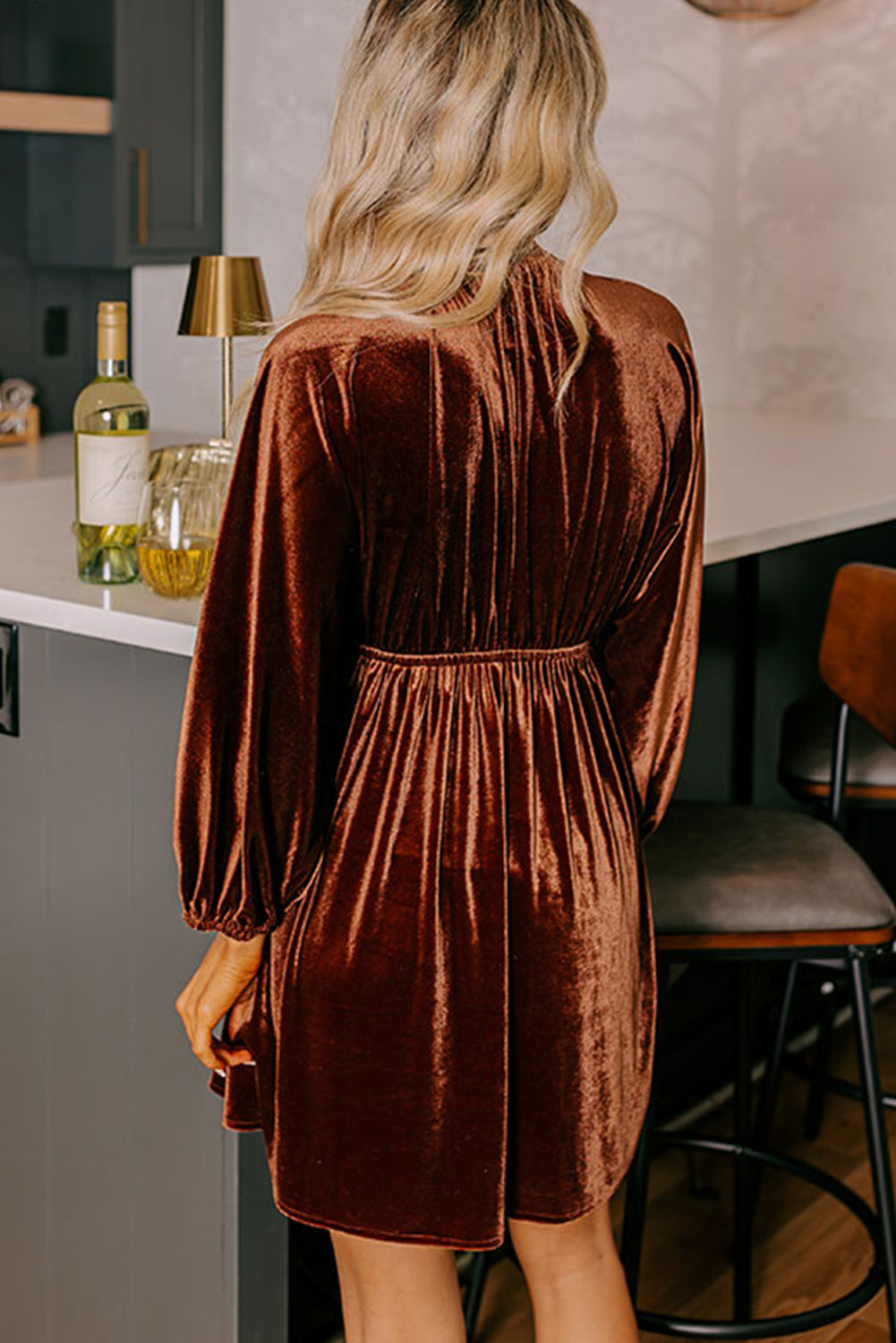 Clay Elastic V Neck Puff Sleeve Flowy Velvet Dress