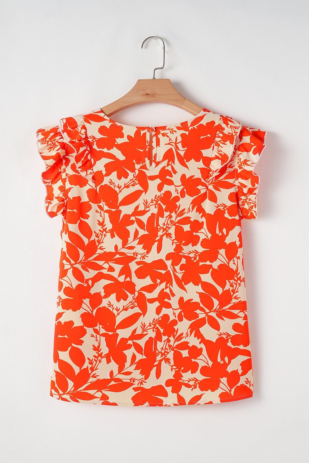 Orange Floral Print Ruffle Sleeve V Neck Top