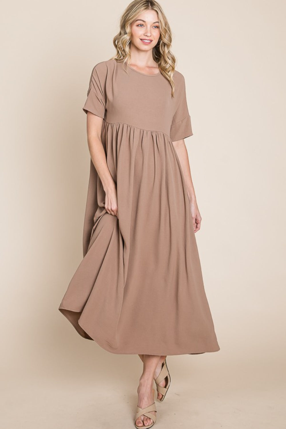 BOMBOM Round Neck Ruched Midi Dress-3
