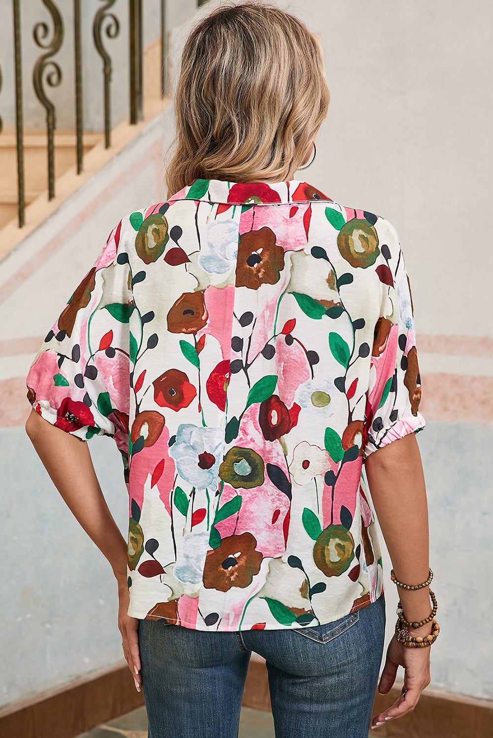 Pink Floral Print Boho Pop of Color Neckline Blouse