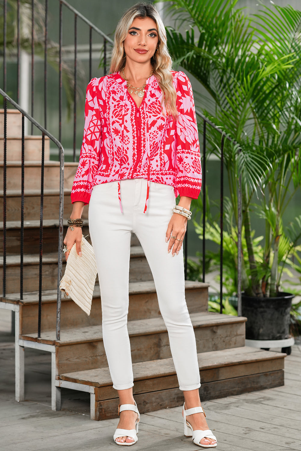Strawberry Pink Floral Print Tie V Neck Blouse