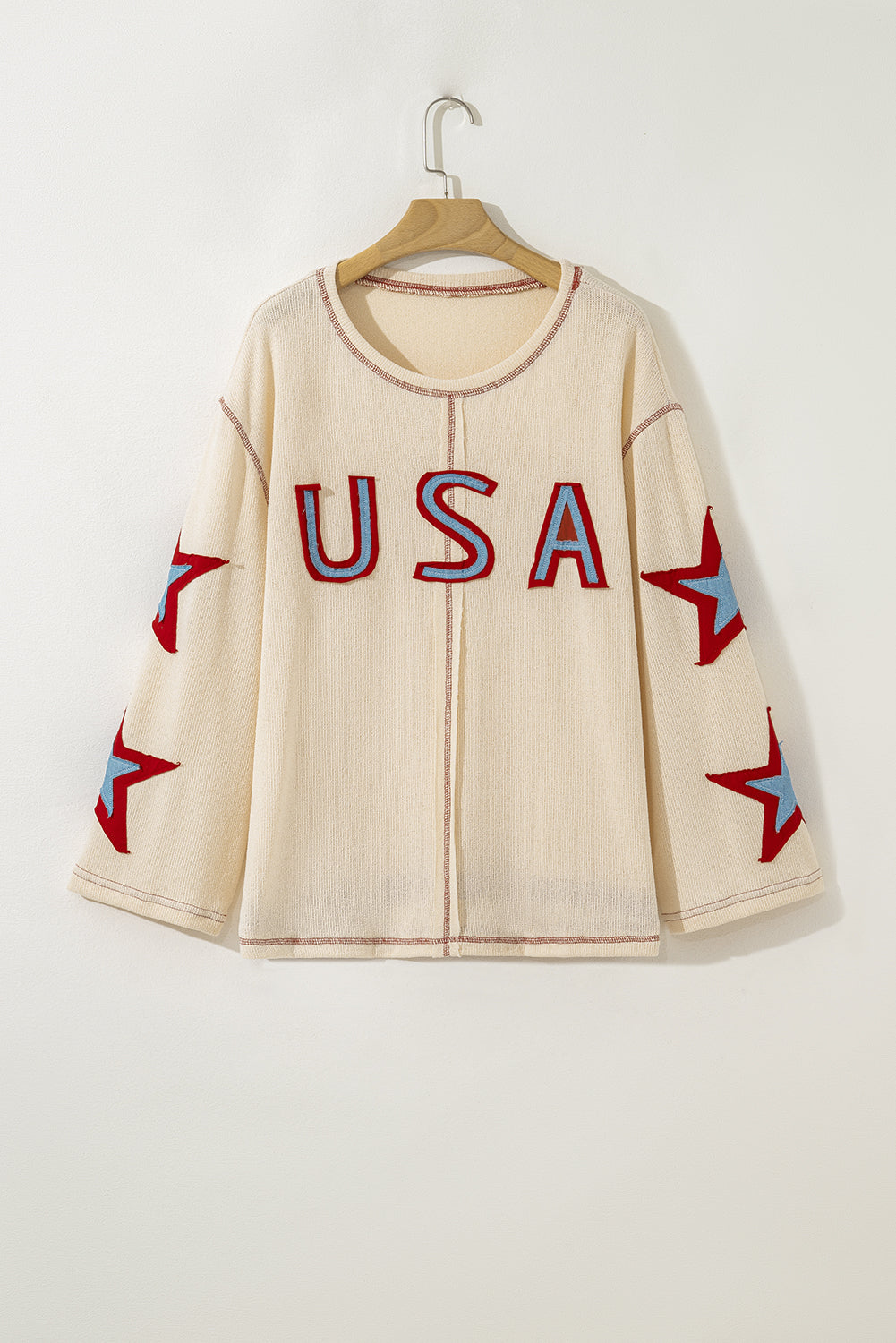Beige USA Star Patchwork Exposed Seam Long Sleeve Top