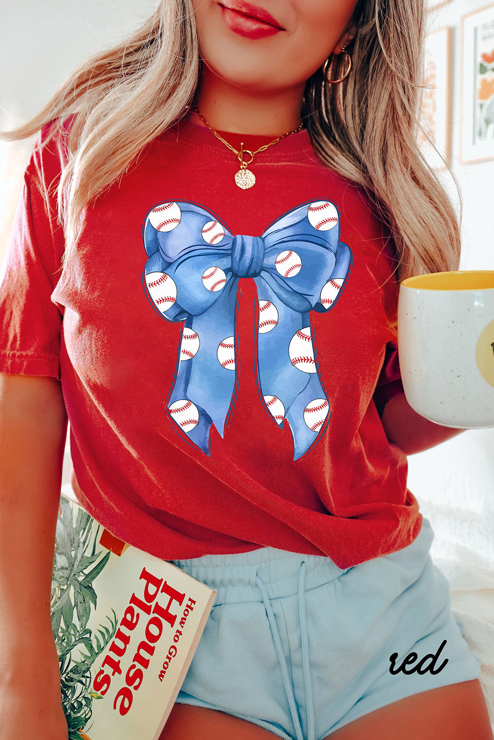 Red Baseball Bowknot Graphic Crew Neck Tee