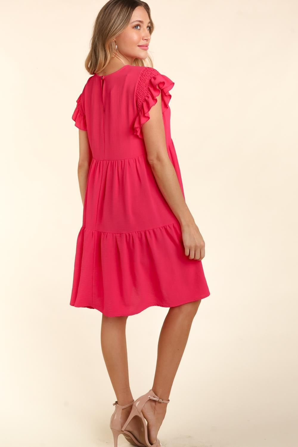 Haptics Full Size Smocking Ruffle Short Sleeve Dress with Pockets-3