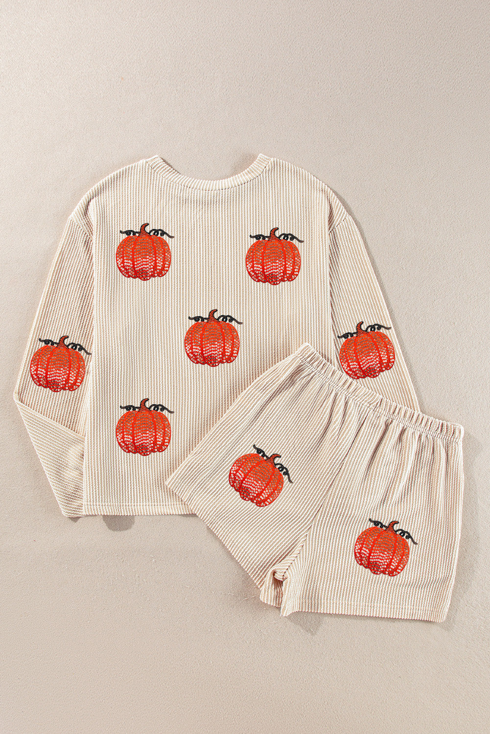 Parchment Twisted Rib Sequin Pumpkin Patched Long Sleeve Pullover and Shorts Set