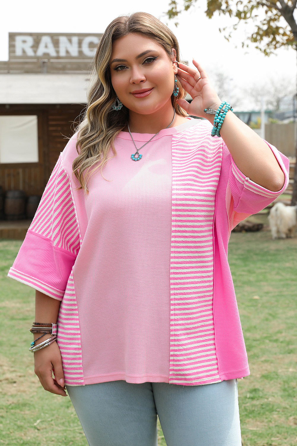 Pink Stripe Waffle Patchwork Plus Size T-Shirt