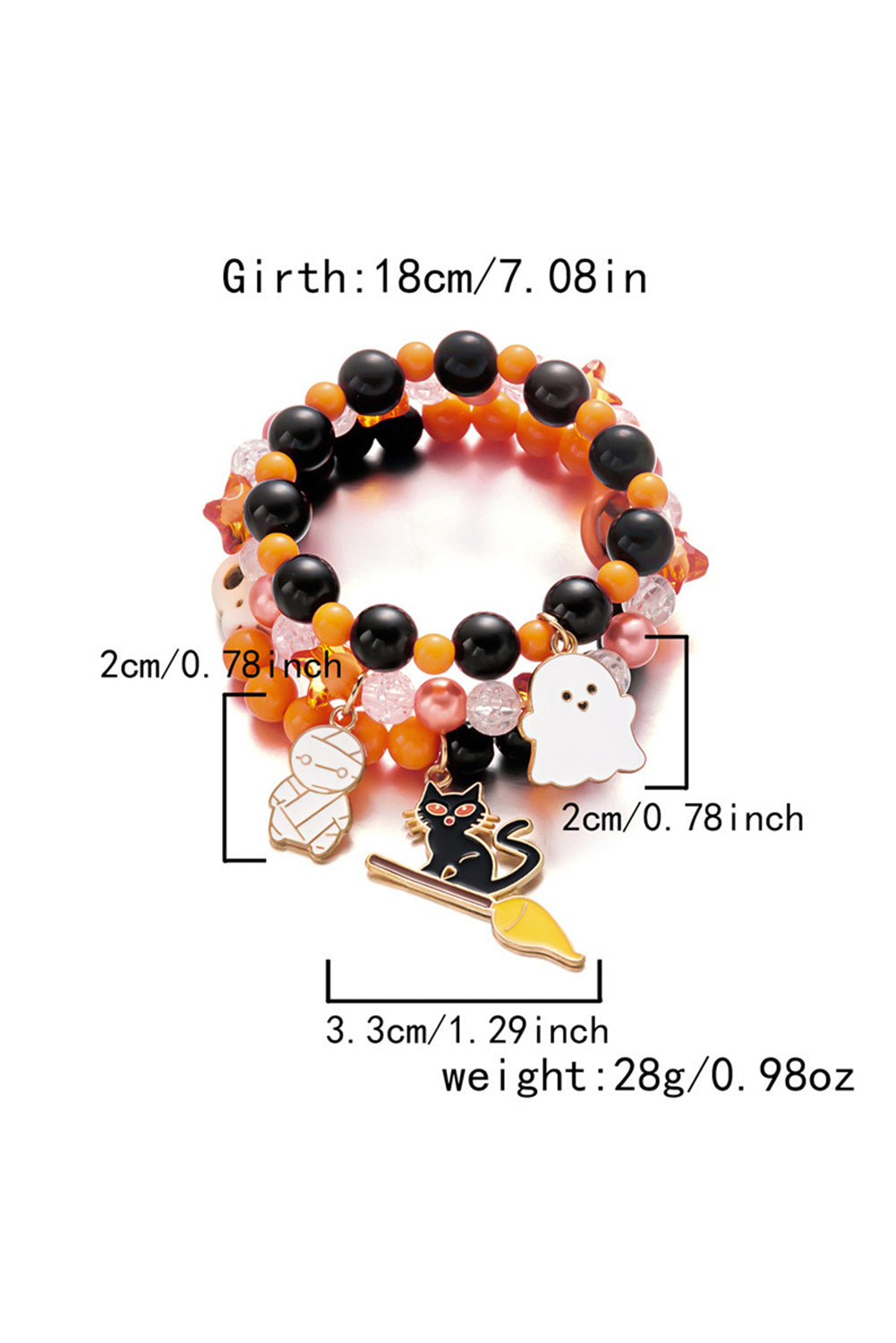Orange 3pcs Halloween Pendent Elastic Beaded Bracelet Set