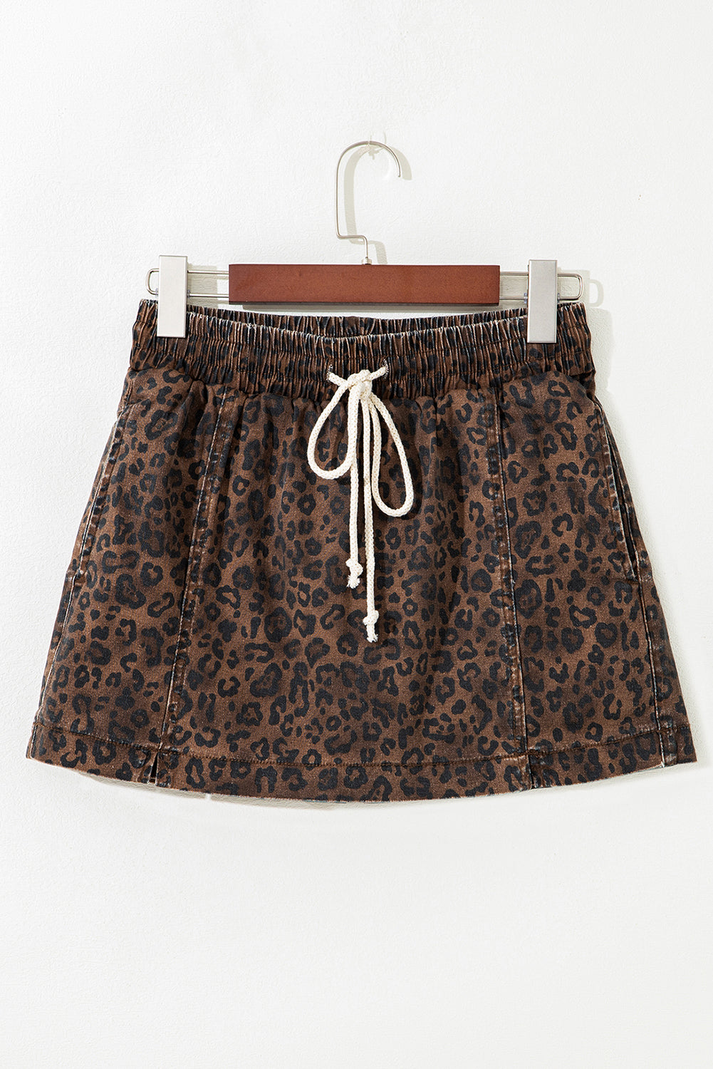 Brown Leopard Print Elastic Waistband Drawstring Denim Skort