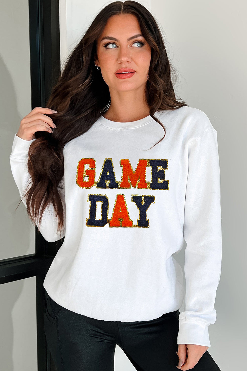 White Chenille GAME DAY Letter Round Neck Sweatshirt