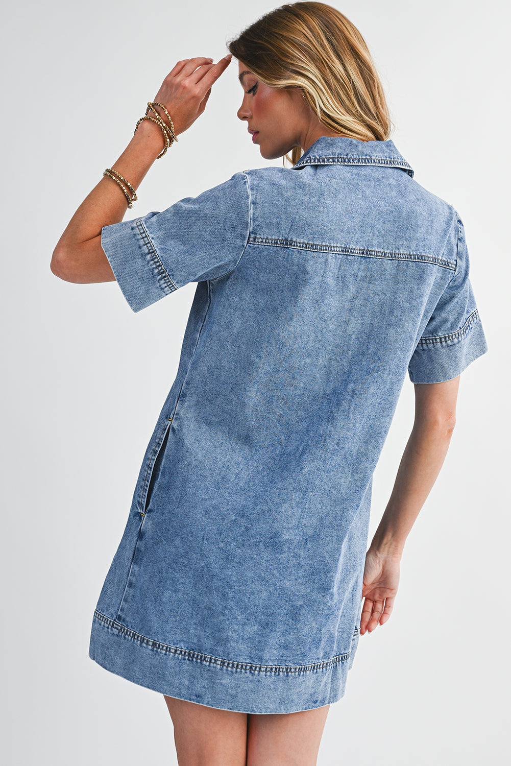 Beau Blue Short Sleeve Collared Chest Pocket Denim Mini Dress