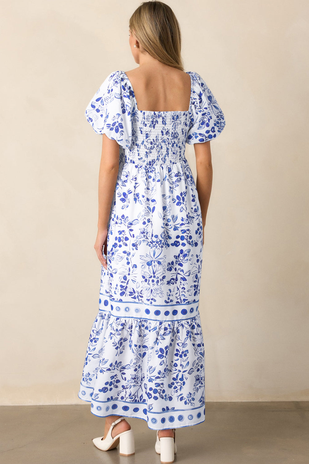Sky Blue Floral Print Square Neck Bubble Sleeve High Waist Maxi Dress
