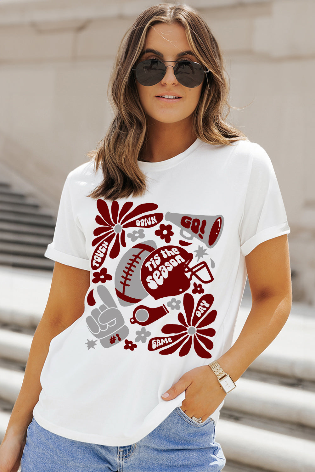 White Touch Down Game Day Tis Season Graphic Crew Neck Tee