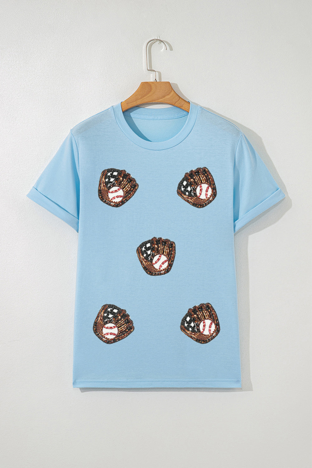 Light Blue Baseball Sequin Patched Casual T Shirt