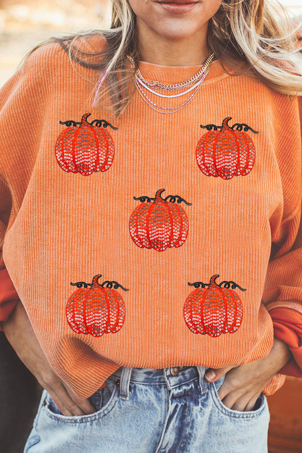 Orange Sequin Pumpkin Patched Twisted Rib Baggy Sweatshirt