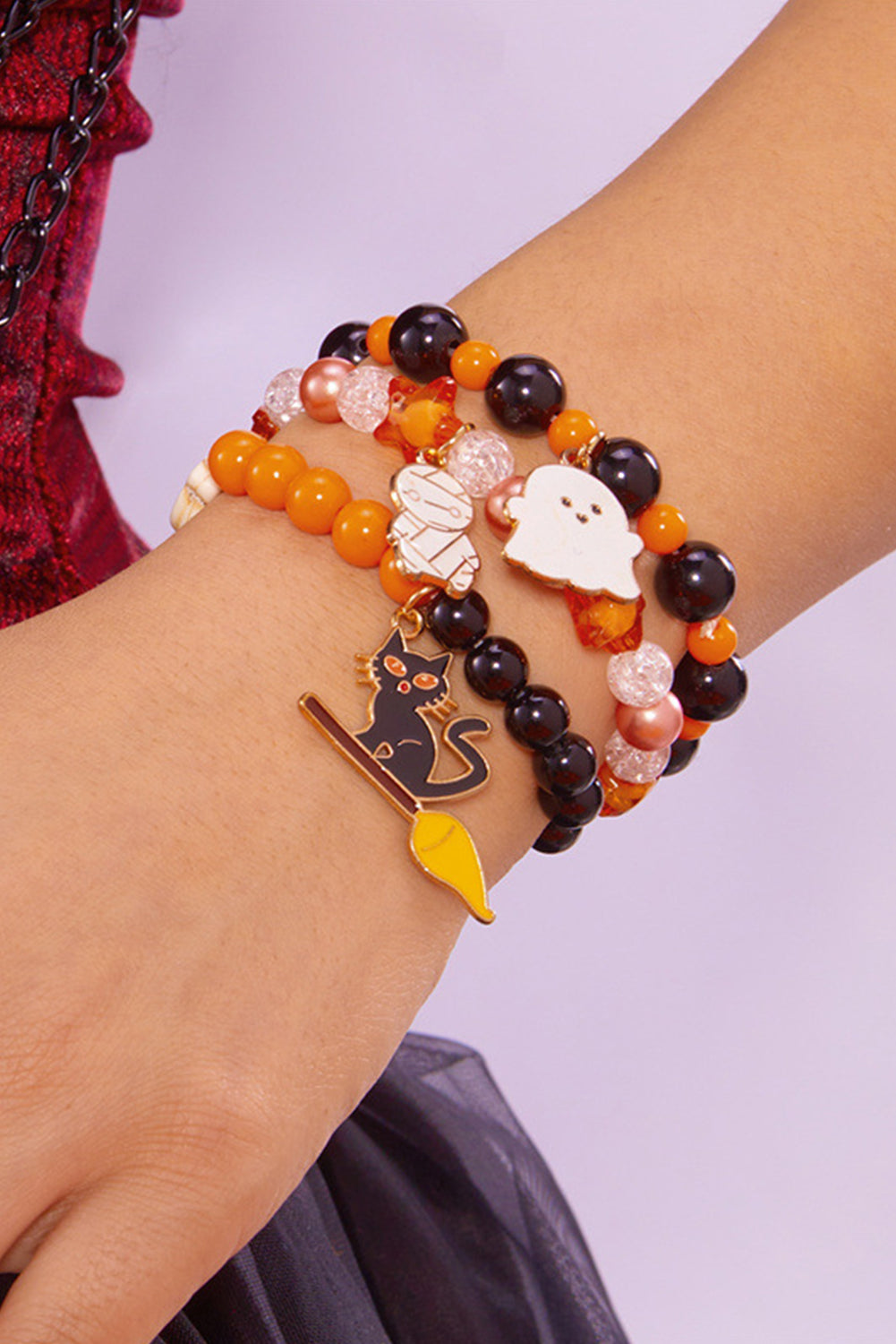 Orange 3pcs Halloween Pendent Elastic Beaded Bracelet Set