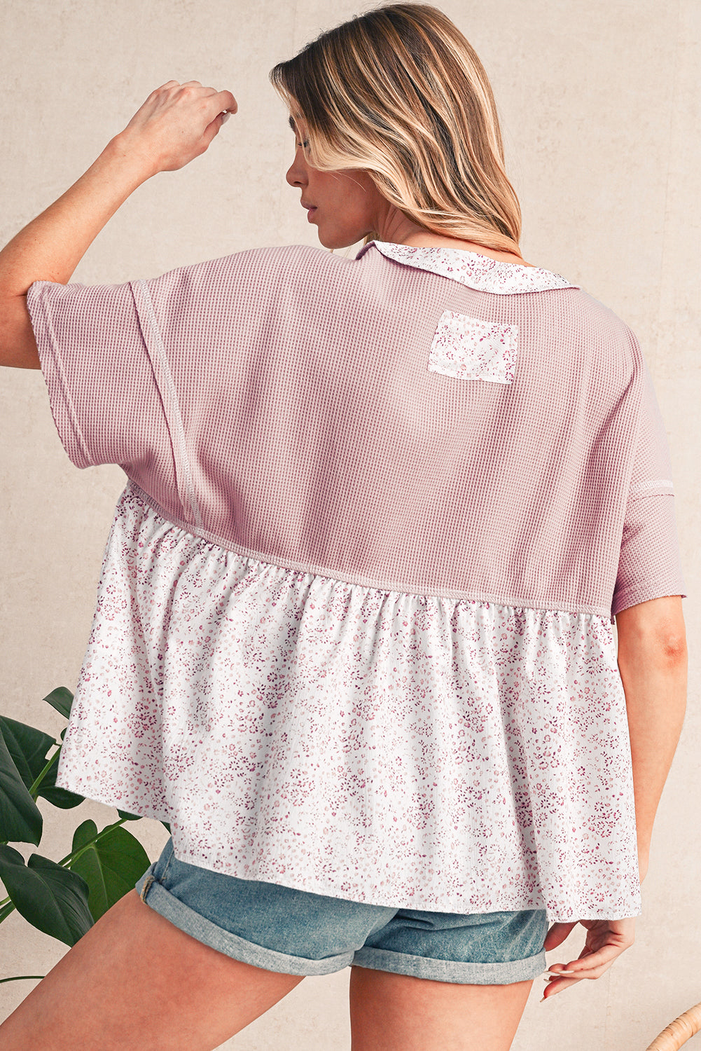 Pink Waffle Floral Patchwork Exposed Seam Detail Short Sleeve Top