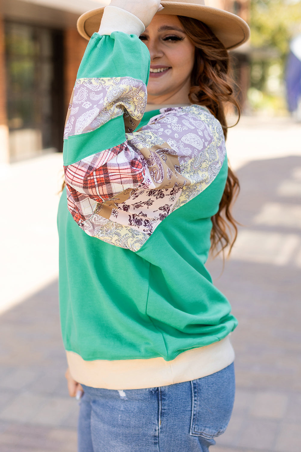Sky Blue Plaid Floral Patchwork Raglan Sleeve Plus Size Sweatshirt
