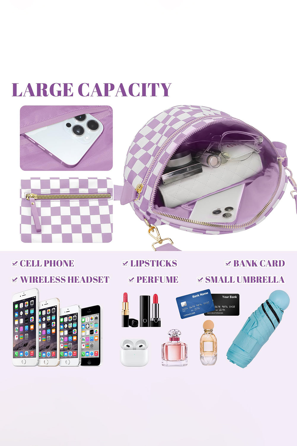 Phalaenopsis Checkered Print Wide Strap Large Crossbody Bag