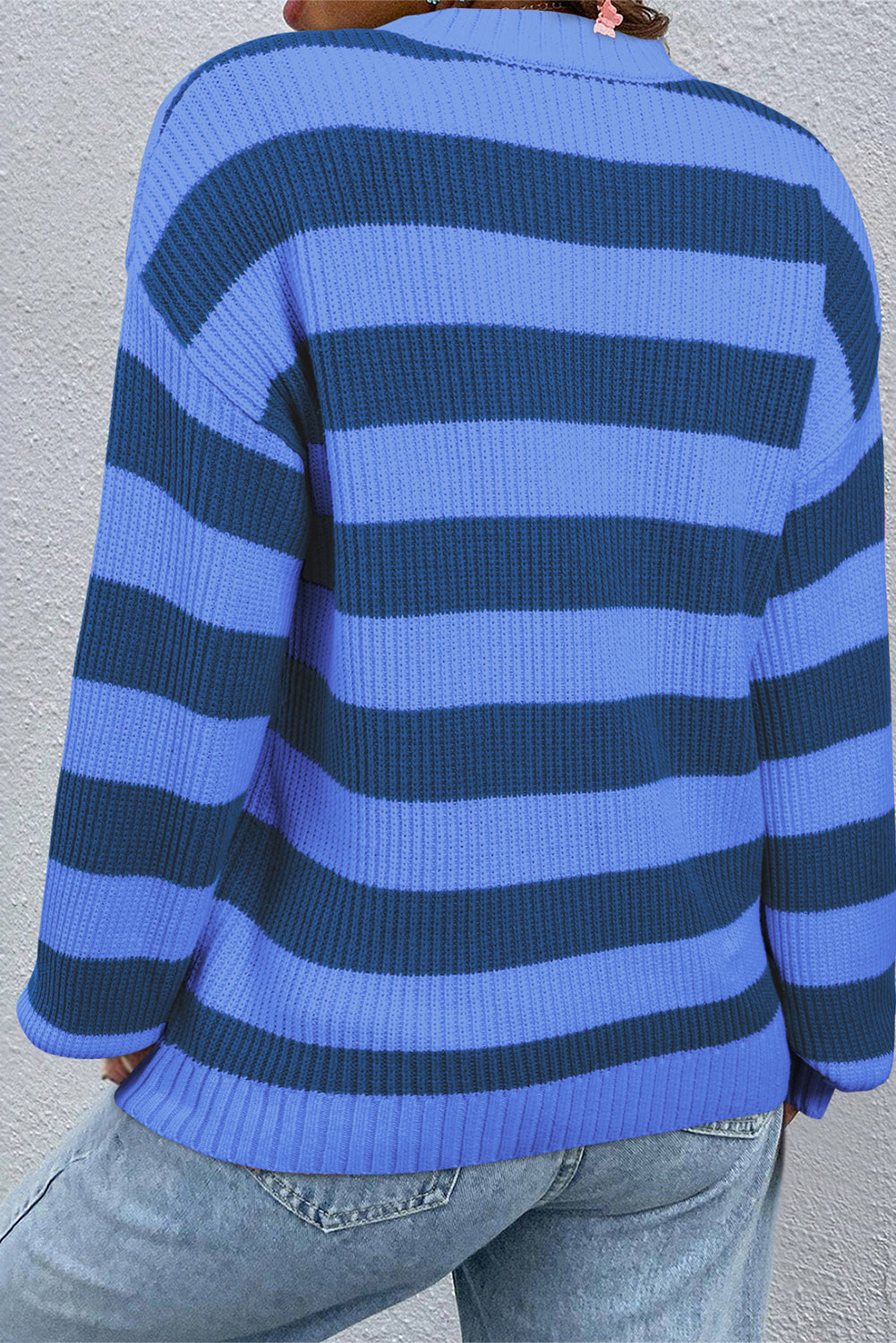Blue Striped Drop Shoulder Casual Sweater