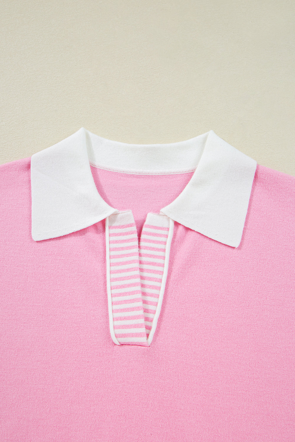 Pink Striped V Neck Collared Colorblock Patchwork Sweater
